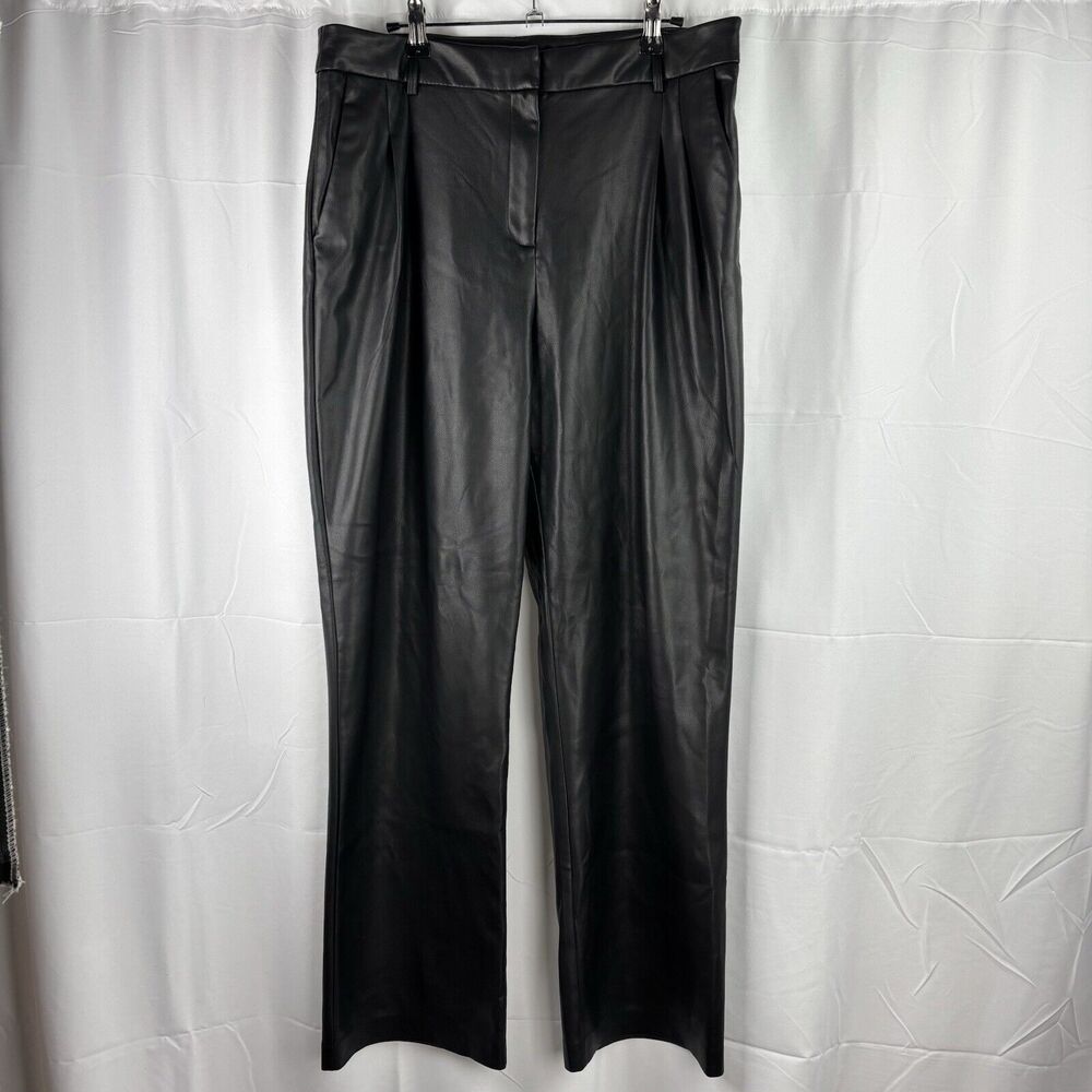 House of Harlow 1960 Black Faux Leather Pants Pleated Straight Leg Size 12 Vegan